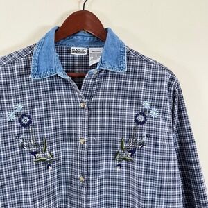 Vintage Basic Editions Plaid Button Up Denim Collar Embroidered Flowers Cotton